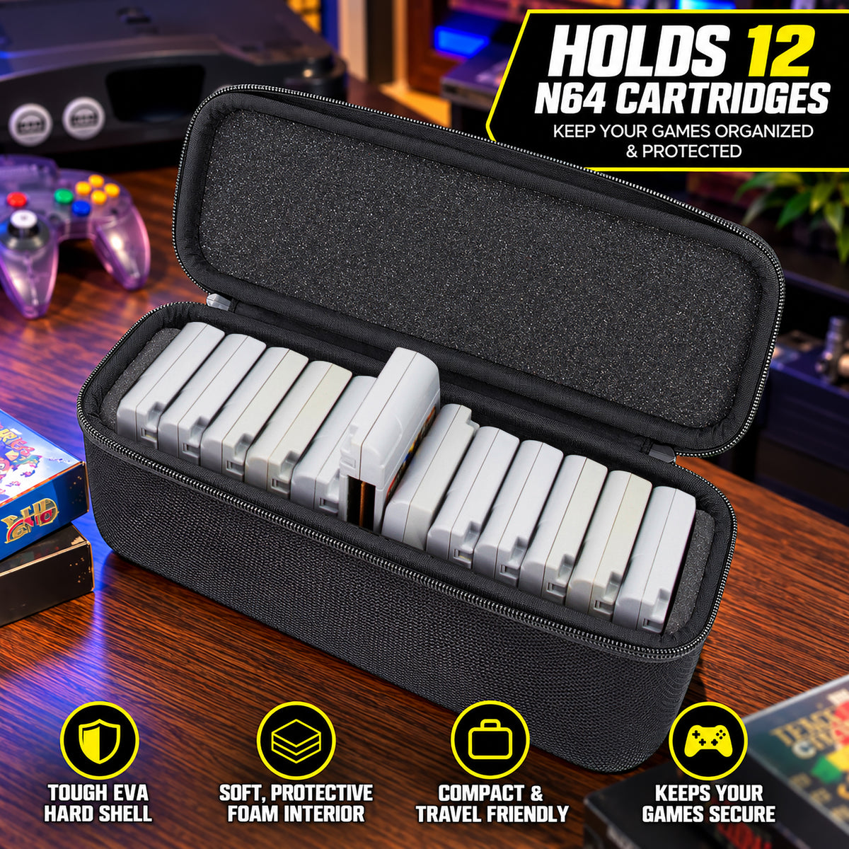 N64 Game Cartridge Storage Case Compatible with 12 Nintendo 64 Game Cartridges, Retro Video Game Organizer with Padded Game Holder