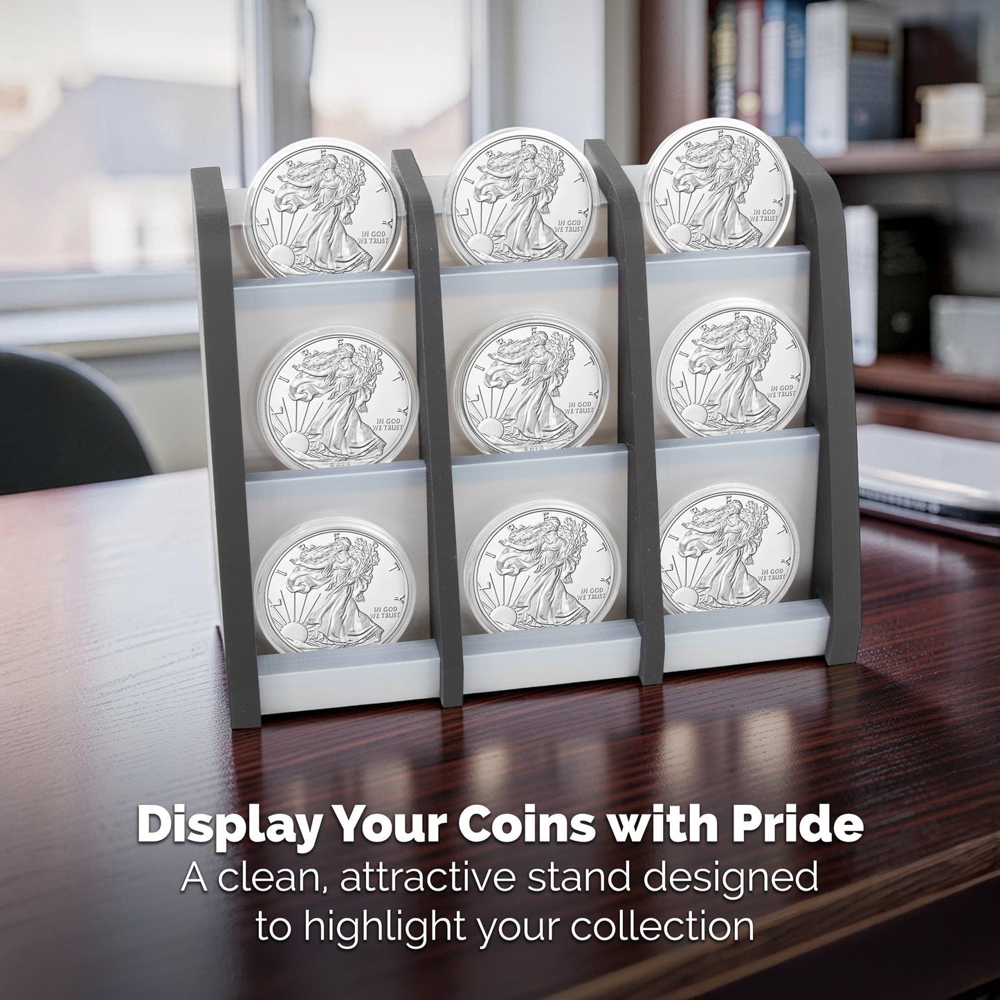 Coin Display Stand for American Silver Eagles Dollars Maple Leafs Libertads and Coin Capsules, Sturdy Silver Eagle Holder for Collectible Coins