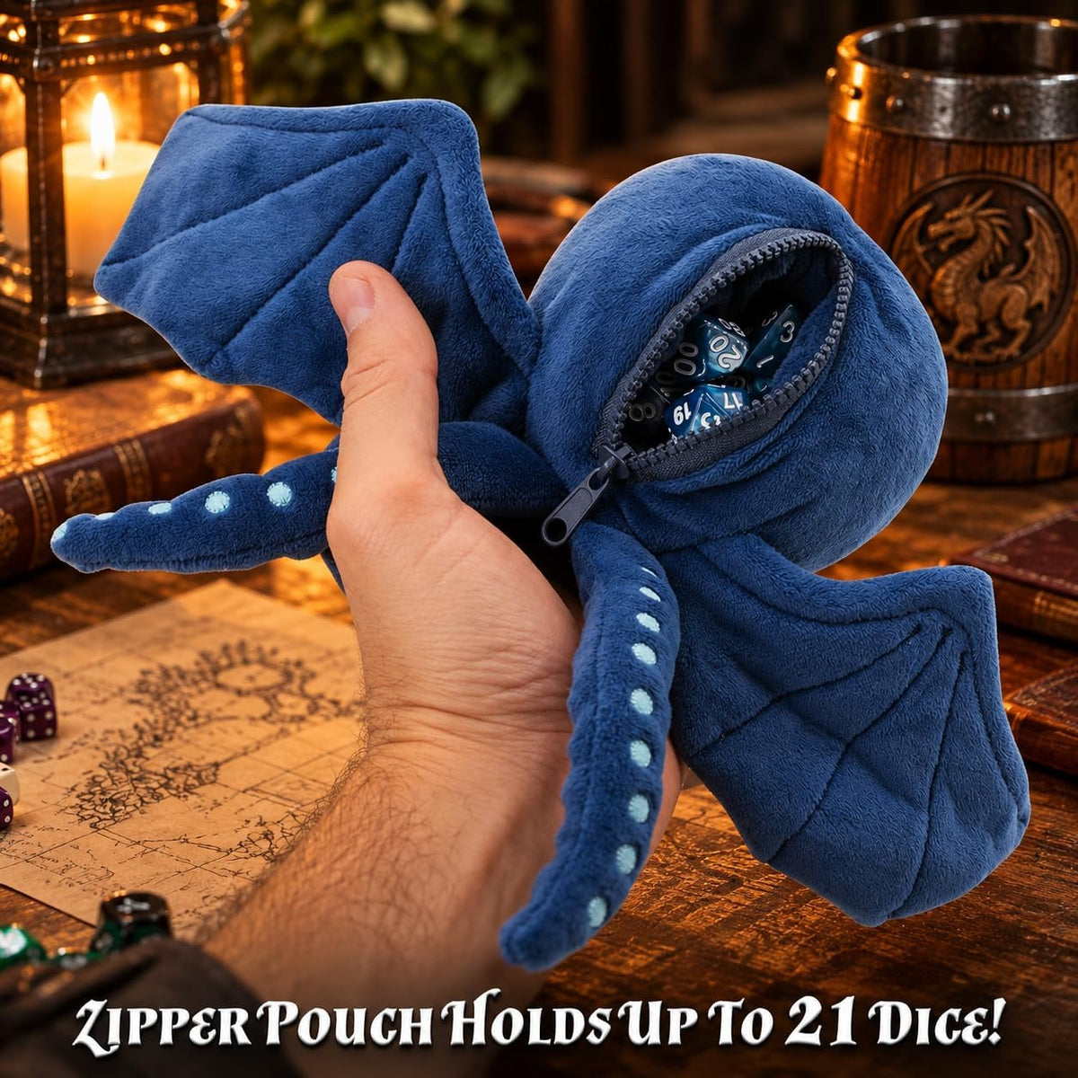 Soft Dice Case and Dice Holder with 7 Included RPG Dice - 9.5" Sea Monster Figure with Dice Storage Zipper Compartment for up to 21 Dice