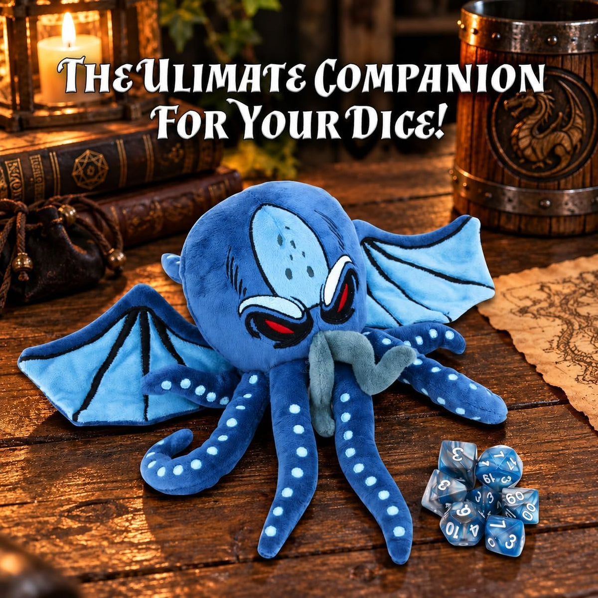 Soft Dice Case and Dice Holder with 7 Included RPG Dice - 9.5" Sea Monster Figure with Dice Storage Zipper Compartment for up to 21 Dice