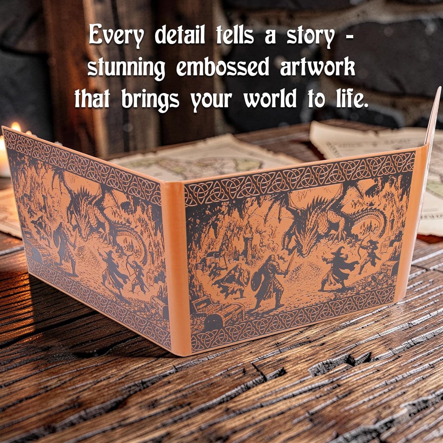 DM Screen – 3-Panel Landscape Game Master Screen with Wide Viewing Area, Embossed Dragon Lair Artwork, PU Leather RPG Screen for Tabletop Campaigns
