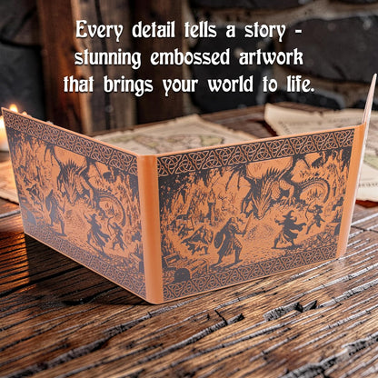 DM Screen – 3-Panel Landscape Game Master Screen with Wide Viewing Area, Embossed Dragon Lair Artwork, PU Leather RPG Screen for Tabletop Campaigns