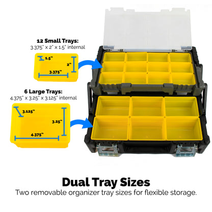 Ammo Storage Box – Two-Tier Expandable Ammo Case with Folding Handle & Clear Lid, Removable Trays, Large-Capacity Ammo Organizer for Loose Ammunition