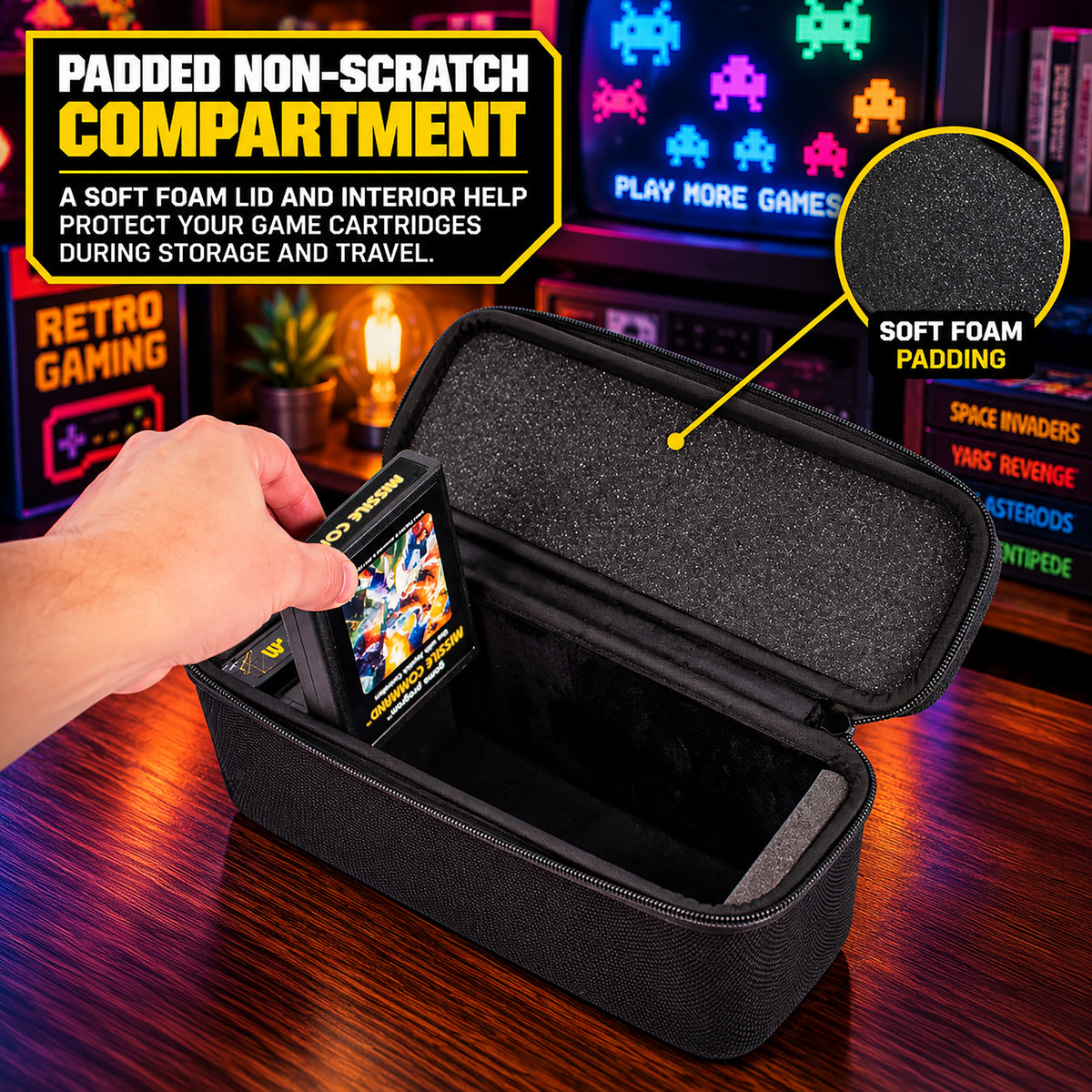 Game Cartridge Storage Case Compatible with Atari 2600 Cartridges, Holds 12 Retro Video Game Cartridges, Organizer with Padded Slots