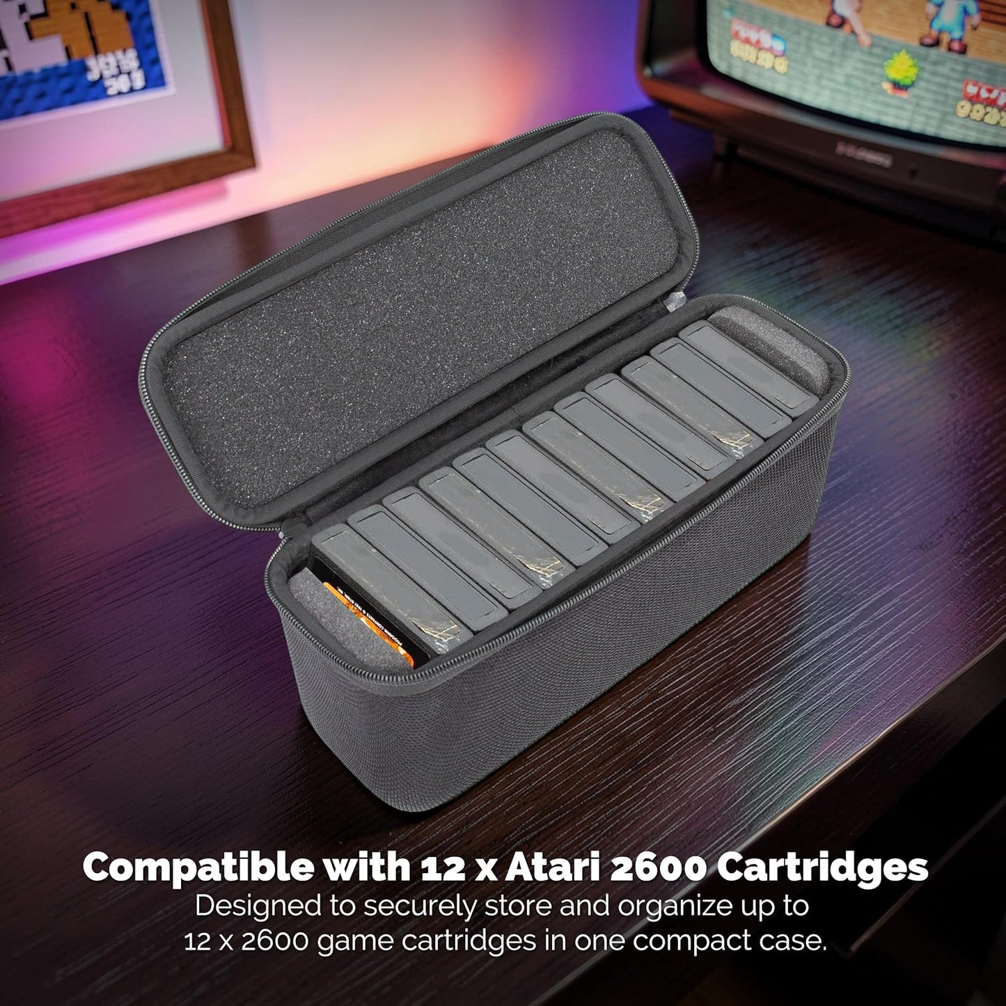 Game Cartridge Storage Case Compatible with Atari 2600 Cartridges, Holds 12 Retro Video Game Cartridges, Organizer with Padded Slots