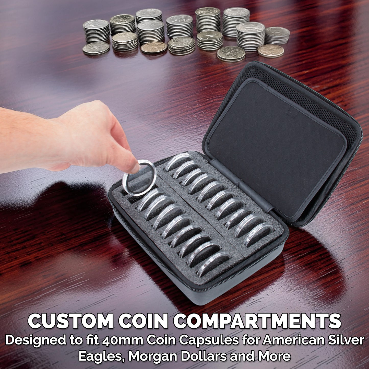Coin Capsule Holder Case for 40mm Coins – Storage for American Silver Eagle Capsules and Dollar Coin Holders, Fits 20 Coin Capsules Up to 52mm Max