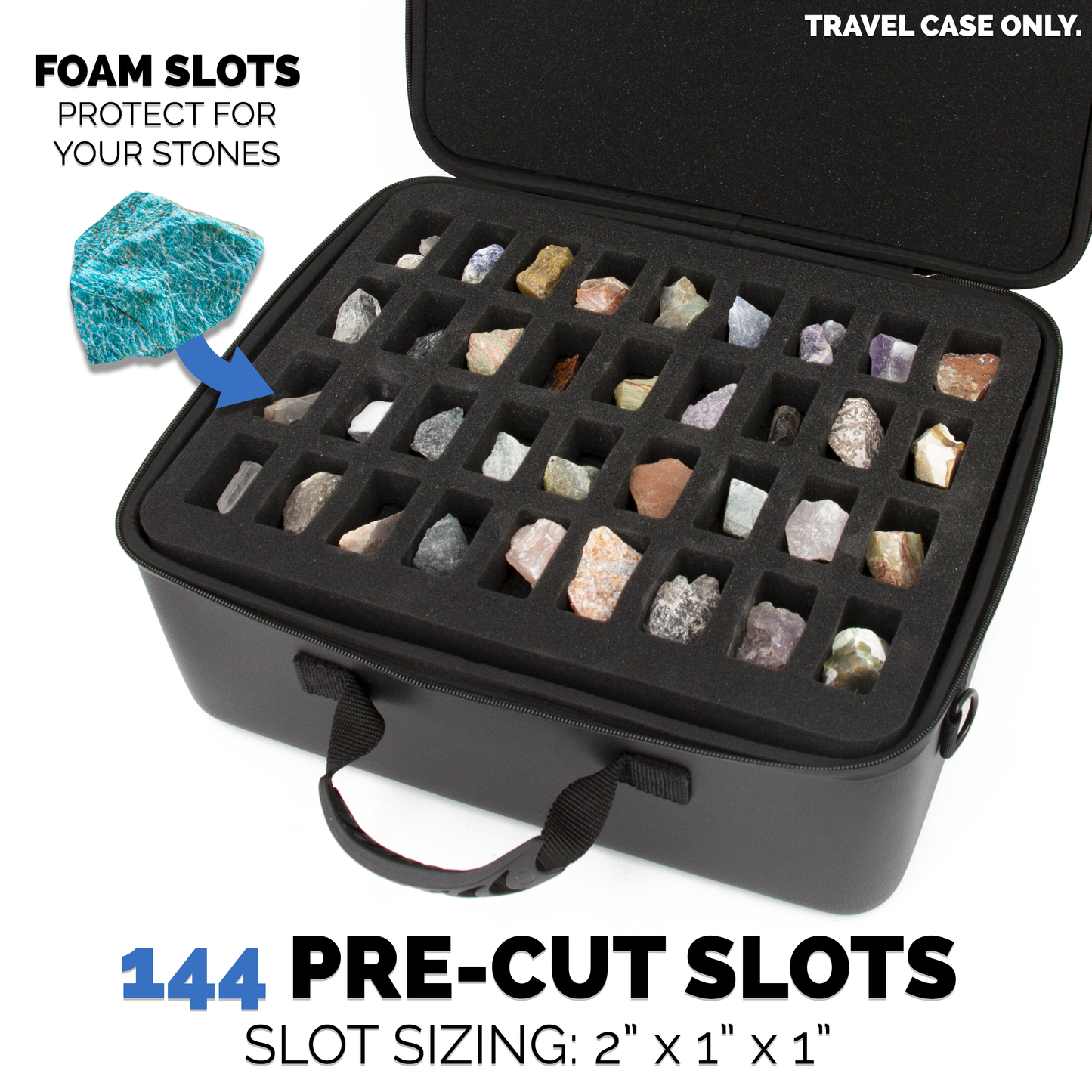 Rock Collection Travel Case - 144 Slot Rock Collection Box with Four Protective Foam Trays, Crystal Storage and Travel Case with Shoulder Strap