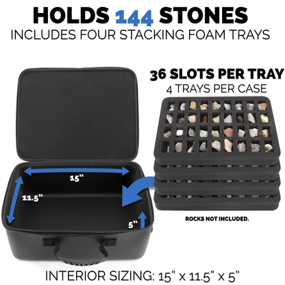 Rock Collection Travel Case - 144 Slot Rock Collection Box with Four Protective Foam Trays, Crystal Storage and Travel Case with Shoulder Strap