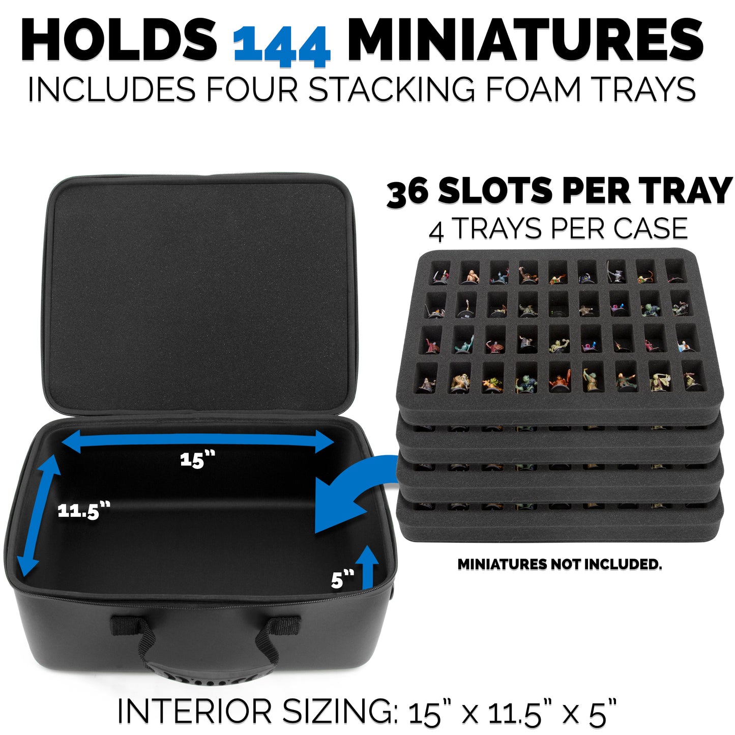 Miniature Carrying Case - 144 Slot Miniature Storage Case with Four Foam Trays For Minis, Adjustable Shoulder Strap, ID Card Holder and More!