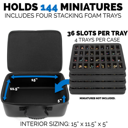 Miniature Carrying Case - 144 Slot Miniature Storage Case with Four Foam Trays For Minis, Adjustable Shoulder Strap, ID Card Holder and More!