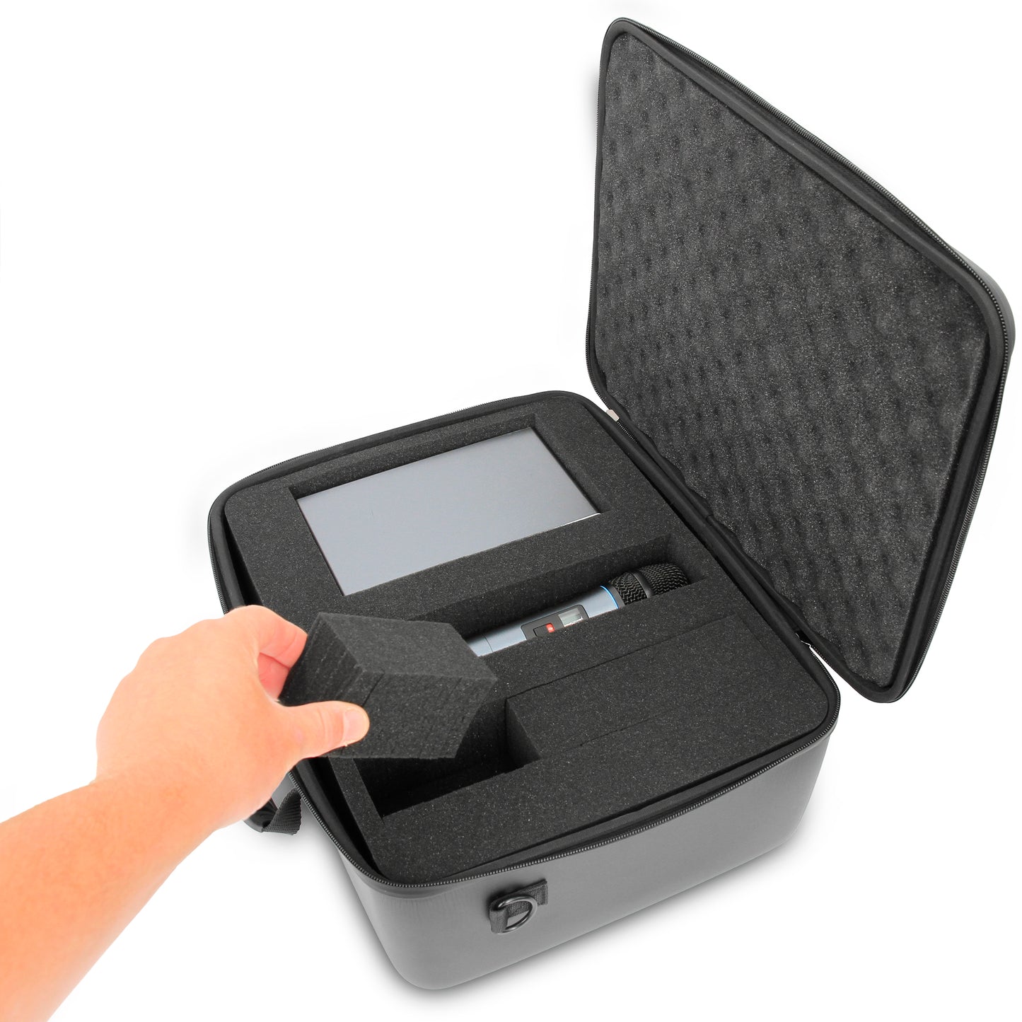 Hard Shell Case with 2 Customizable Pluck Foam Inserts - 15" Protective Case with Stacking Foam Trays & Shoulder Strap for Electronics, Tools & More
