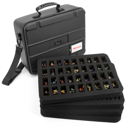 Miniature Carrying Case - 144 Slot Miniature Storage Case with Four Foam Trays For Minis, Adjustable Shoulder Strap, ID Card Holder and More!