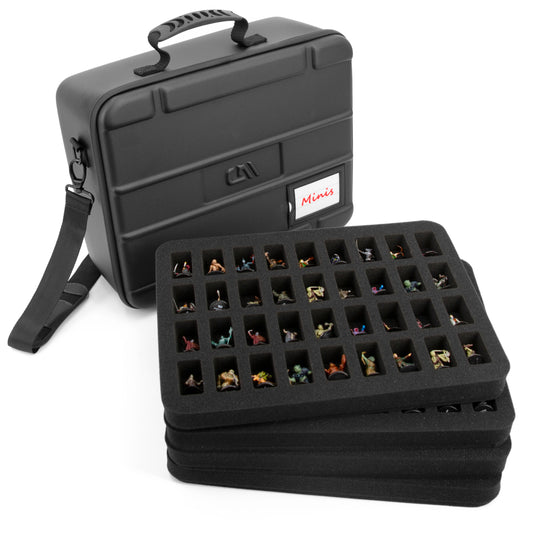 Miniature Carrying Case - 144 Slot Miniature Storage Case with Four Foam Trays For Minis, Adjustable Shoulder Strap, ID Card Holder and More!