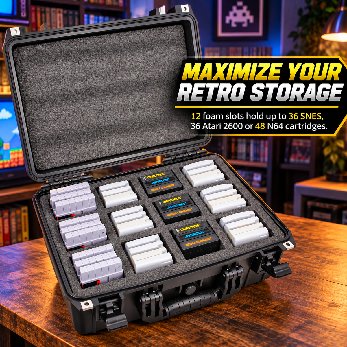 CASEMATIX Retro Game Cartridge Storage Case for N64, SNES & Atari 2600, Holds 48 N64 or 36 SNES Games, Waterproof Hard Shell with 12 Foam Slots