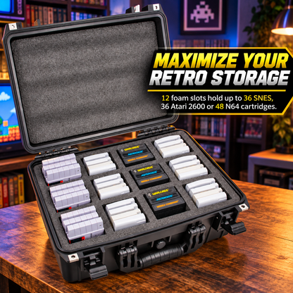 CASEMATIX Retro Game Cartridge Storage Case for N64, SNES & Atari 2600, Holds 48 N64 or 36 SNES Games, Waterproof Hard Shell with 12 Foam Slots