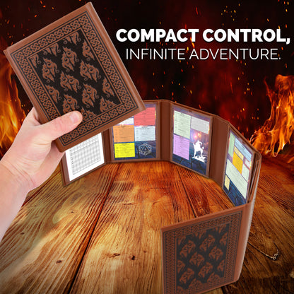Miniature 6-Panel DM Screen – Compact Faux Leather Dungeon Master Screen for DND & TTRPG, Brown Tabletop RPG Screen for Better Player Connection