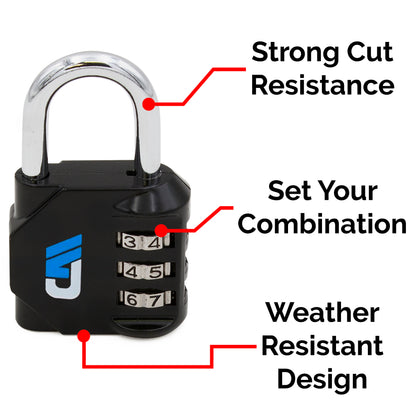 Adjustable Combination Padlock, Weather Resistant, 3 Digit Resetable Combination Lock, Keyless, Black, 2-Pack