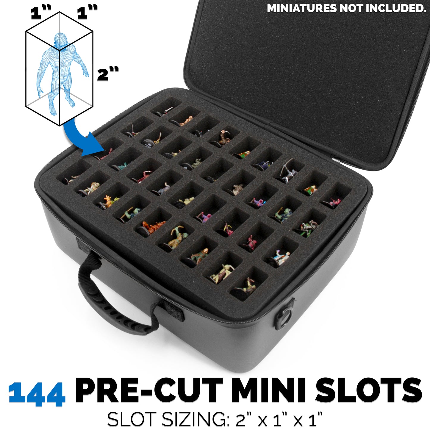 Miniature Carrying Case - 144 Slot Miniature Storage Case with Four Foam Trays For Minis, Adjustable Shoulder Strap, ID Card Holder and More!