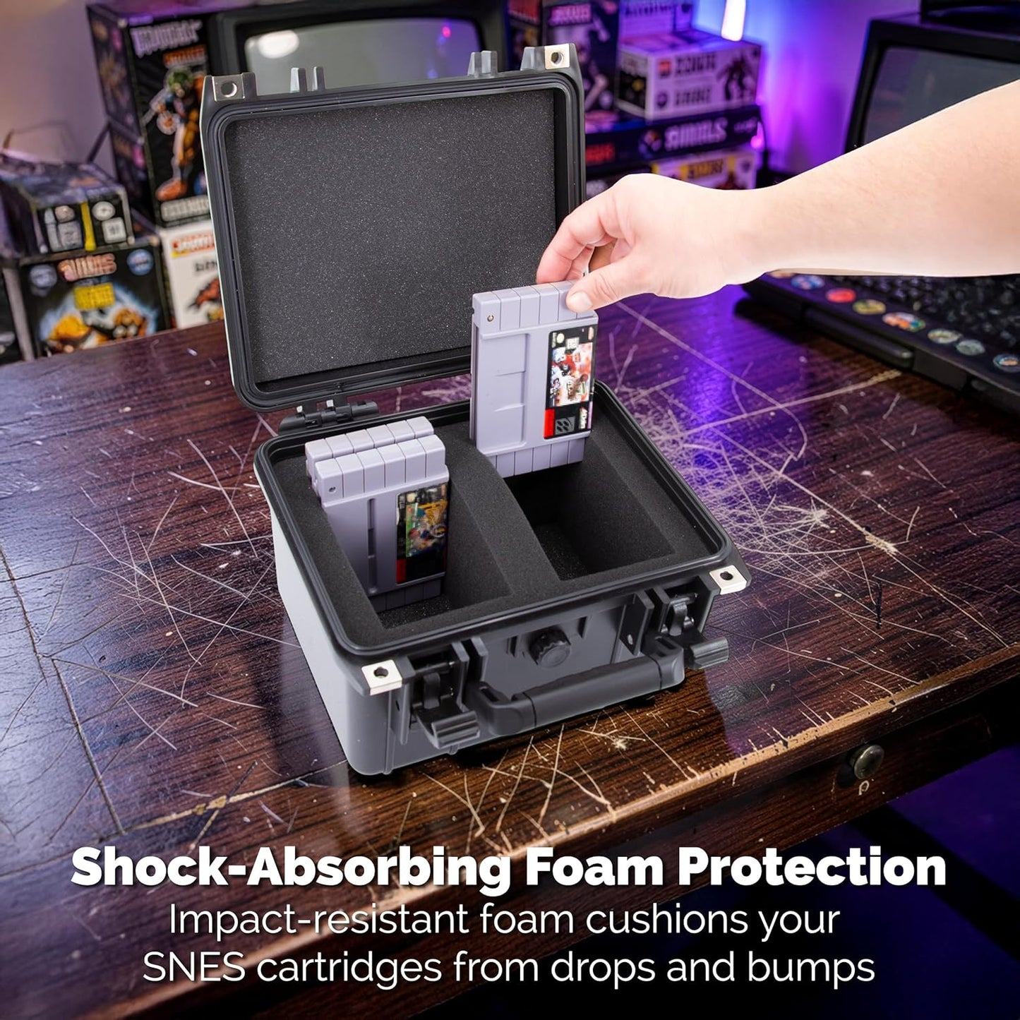 SNES Game Storage Case Compatible with 16 Nintendo SNES Cartridges – Waterproof Hard Shell SNES Game Case with Custom Foam Dividers