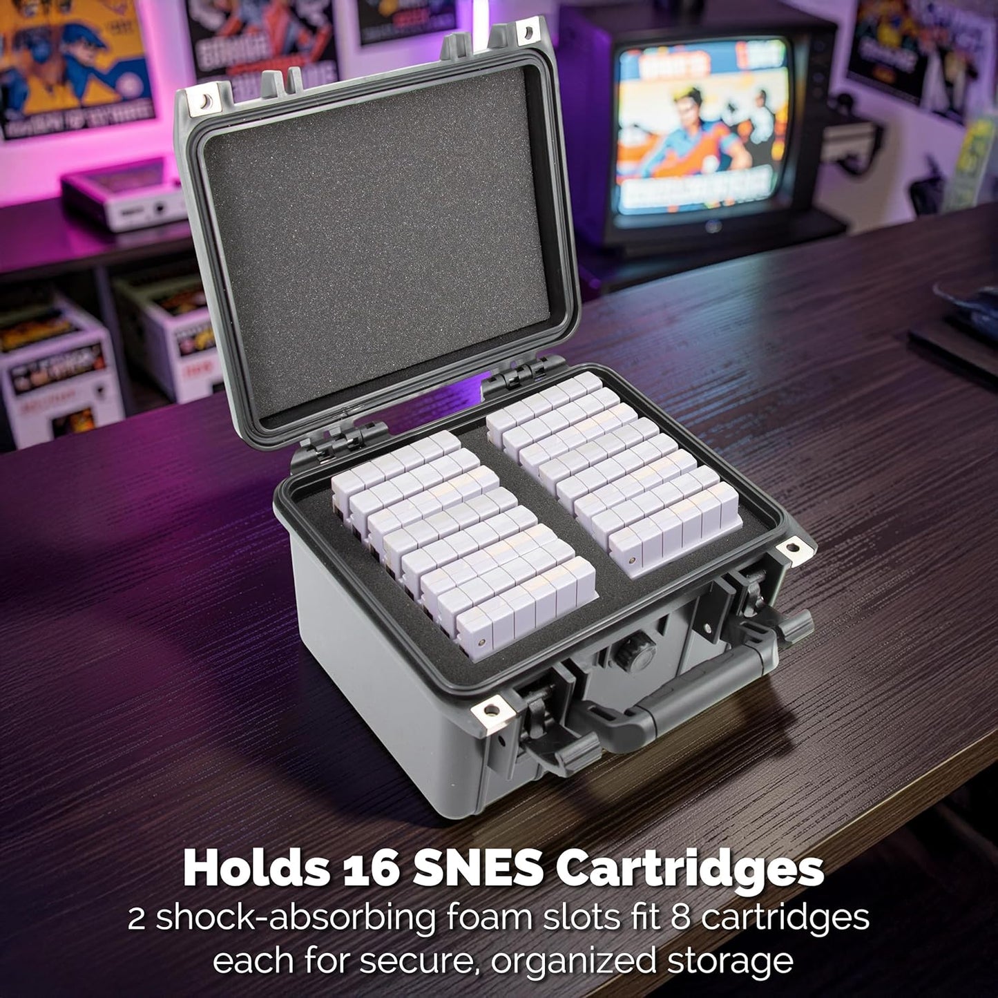 SNES Game Storage Case Compatible with 16 Nintendo SNES Cartridges – Waterproof Hard Shell SNES Game Case with Custom Foam Dividers