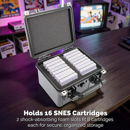 SNES Game Storage Case Compatible with 16 Nintendo SNES Cartridges – Waterproof Hard Shell SNES Game Case with Custom Foam Dividers