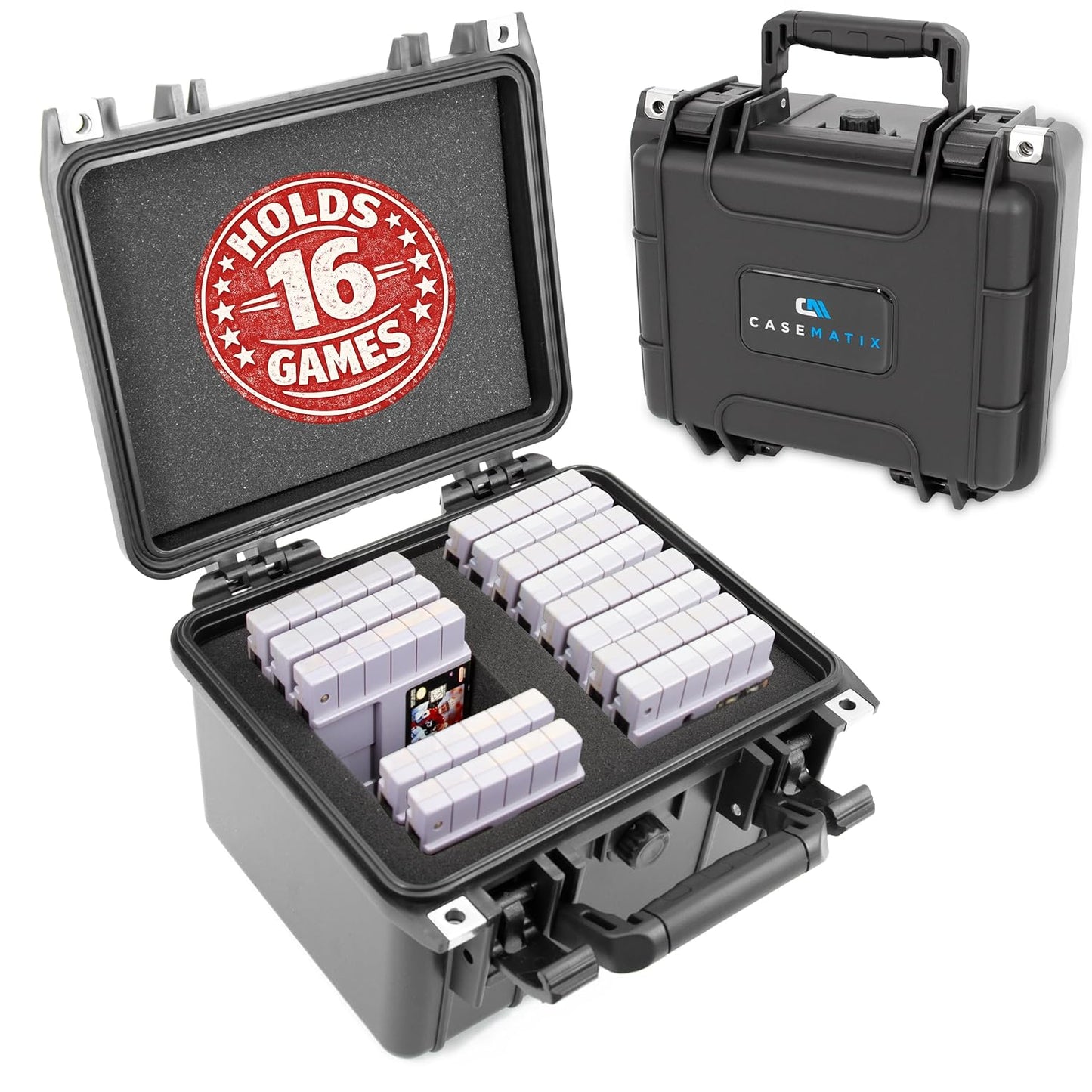 SNES Game Storage Case Compatible with 16 Nintendo SNES Cartridges – Waterproof Hard Shell SNES Game Case with Custom Foam Dividers
