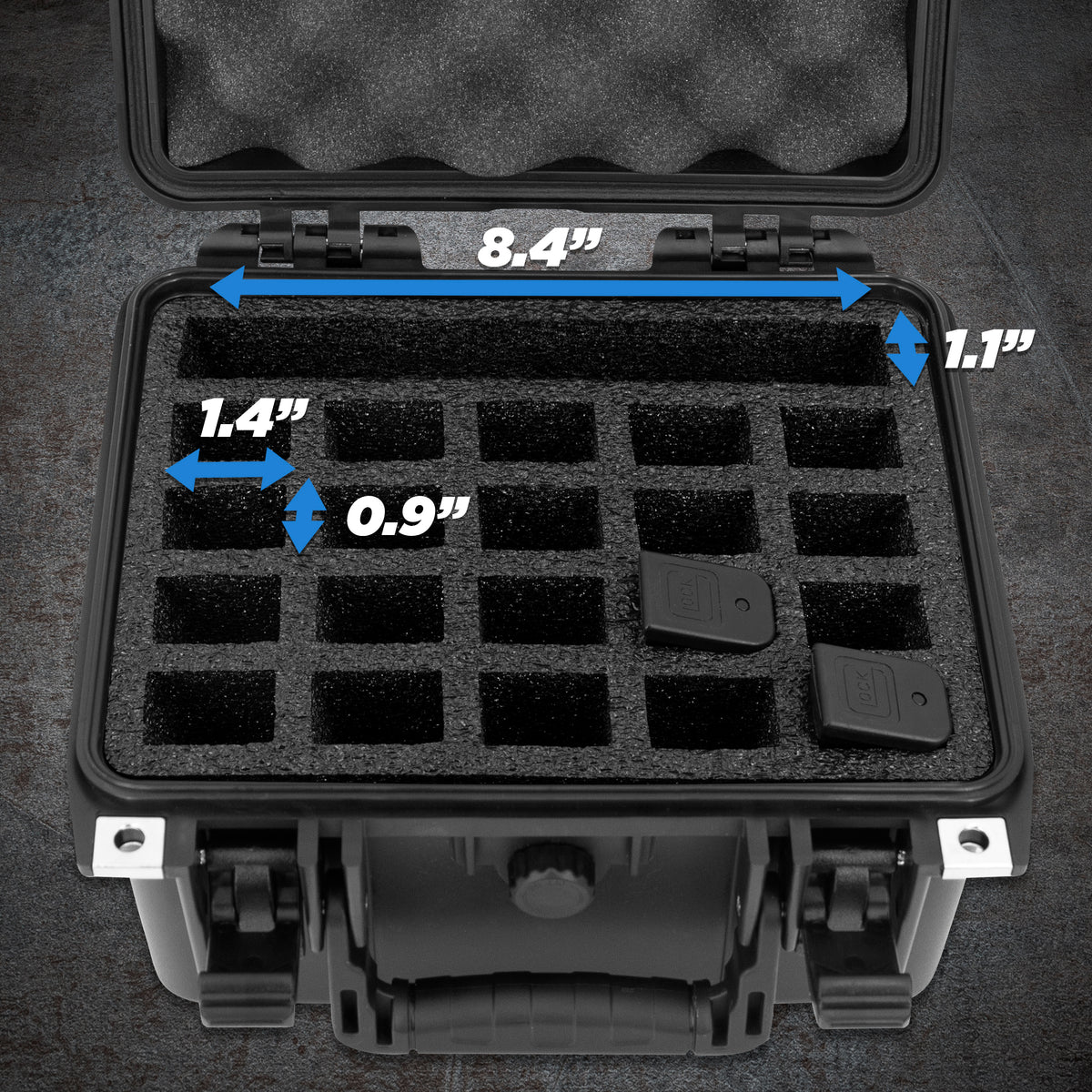 25 Pistol Magazine Storage Case or 20 Magazine & 1 Pistol Case - Waterproof Gun Magazine Storage for 25 9mm Magazines - Case Only