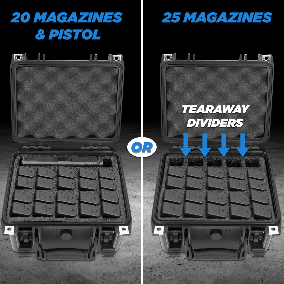 25 Pistol Magazine Storage Case or 20 Magazine & 1 Pistol Case - Waterproof Gun Magazine Storage for 25 9mm Magazines - Case Only
