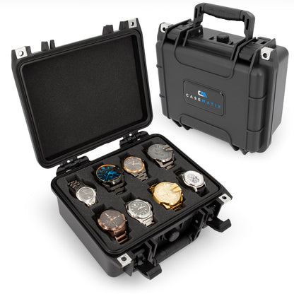Watch Travel Case With 8 Watch Roll Holders - Impact Resistant Waterproof Watch Case With Foam Display Tray, Fits 24mm to 56mm Faces