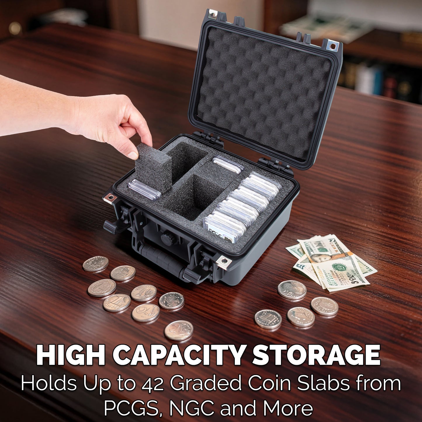 Graded Coin Slab Case for 42 PCGS & NGC Coin Holders – IP67 Waterproof Coin Storage Box for Coin Collectors, Coin Slabs and Collection Supplies