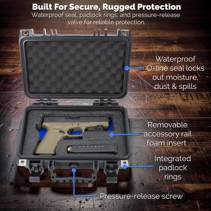 Hard Gun Case for Pistols – Waterproof Handgun Case for 9mm, Compact Pistols & Accessories – Custom Foam Interior with Adjustable Inserts