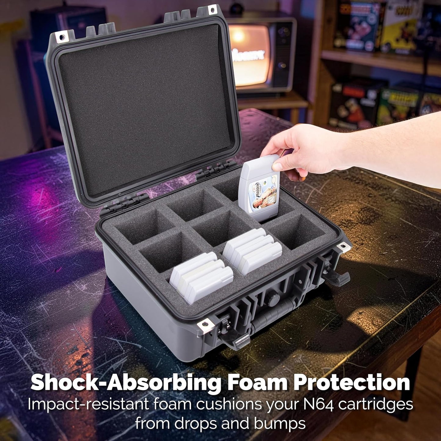 N64 Game Storage Case Fits 27 N64 Cartridges – Hard Shell Cartridge Case with 9 Precut Compartments, Waterproof Holder for Secure N64 Game Storage