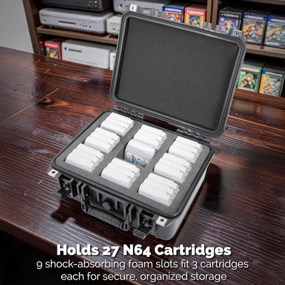 N64 Game Storage Case Fits 27 N64 Cartridges – Hard Shell Cartridge Case with 9 Precut Compartments, Waterproof Holder for Secure N64 Game Storage