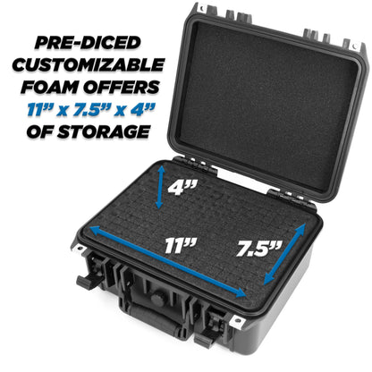 13" Waterproof Hard Travel Case with Padlock Rings and Customizable Foam - Fits Accessories up to 11" x 7.5" x 4"