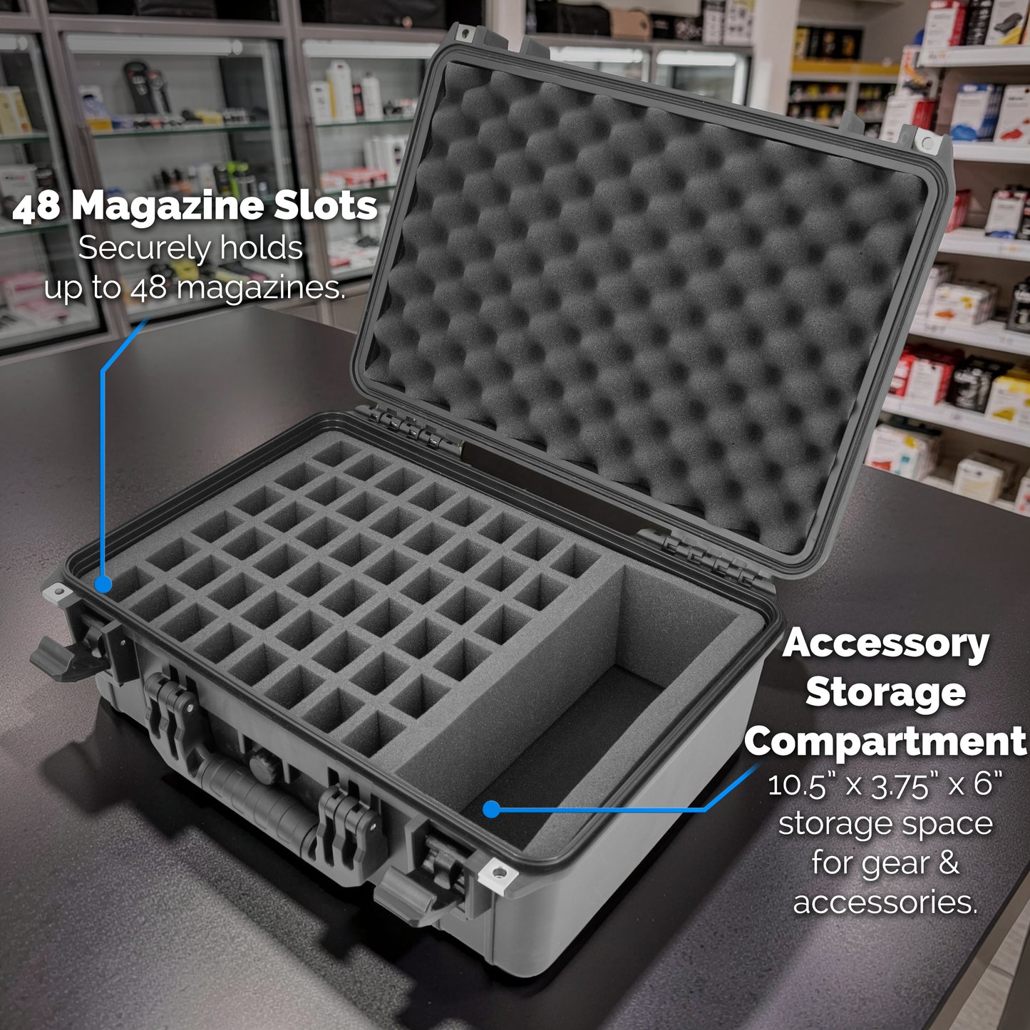 48 Pistol Magazine Storage Case and 9mm Ammo Storage Organizer - TSA Approved Hard Shell Gun Magazine Holder for 48 Clips with Accessory Storage