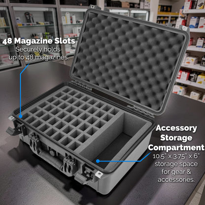 48 Pistol Magazine Storage Case and 9mm Ammo Storage Organizer - TSA Approved Hard Shell Gun Magazine Holder for 48 Clips with Accessory Storage