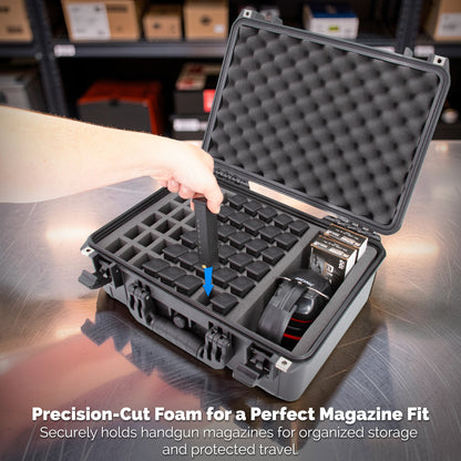 48 Pistol Magazine Storage Case and 9mm Ammo Storage Organizer - TSA Approved Hard Shell Gun Magazine Holder for 48 Clips with Accessory Storage