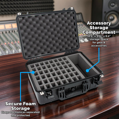 XL Harmonica Case for Multiple Harmonicas Compatible with Up to 48 Hohner, Fender and Other Harmonicas Up to 6 inches with Accessory Storage