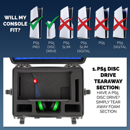 Travel Case Compatible With PlayStation 5 Pro & PS5 Pro Disc Drive - Hard Shell Waterproof Case with Custom Foam for Console and PS5 Pro Accessories