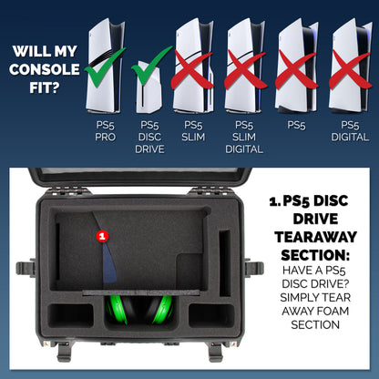 CASEMATIX Travel Case Compatible With PlayStation 5 Pro & PS5 Pro Disc Drive - Hard Shell Waterproof Case with Custom Foam