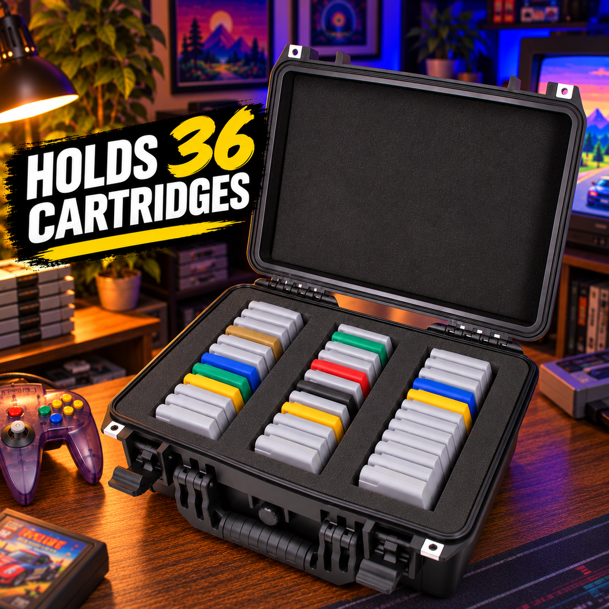 Travel Case for N64 Game Storage, Holds 36 Cartridges, 16" Waterproof Hard Shell Game Cartridge Organizer with Foam Dividers
