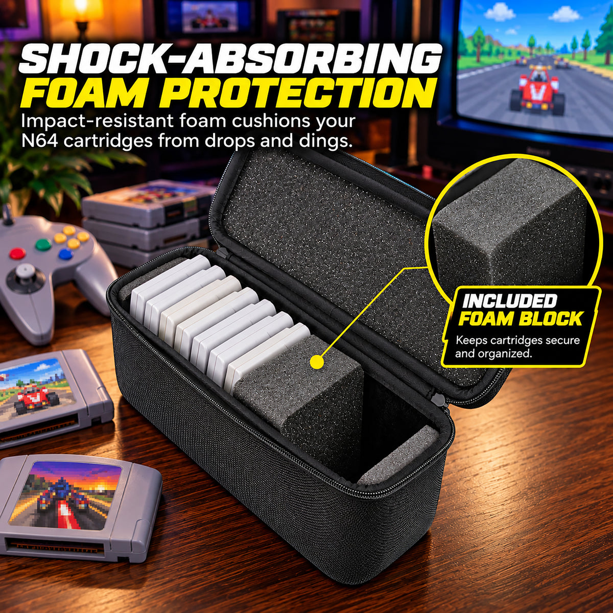 N64 Game Cartridge Storage Case Compatible with 12 Nintendo 64 Game Cartridges, Retro Video Game Organizer with Padded Game Holder