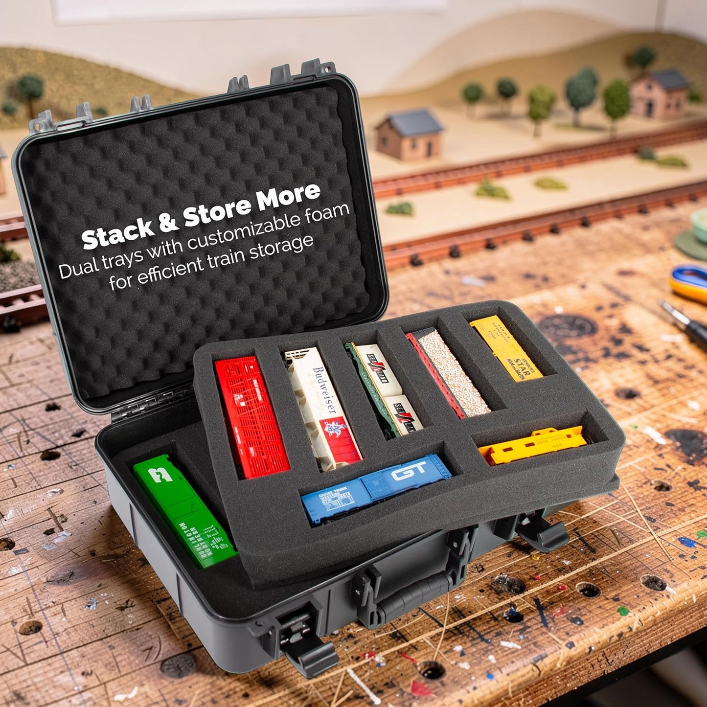 N Scale Model Train Storage Case – Hard Shell Train Storage Box Holds 40 N Gauge Trains, Waterproof Train Storage Case for Model Train Transport