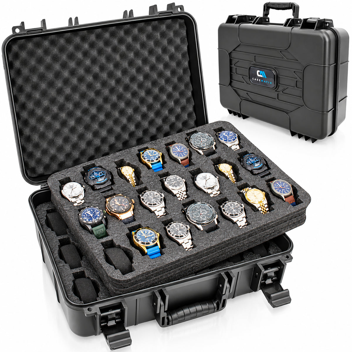 42-Slot Watch Travel Case – Impact-Resistant Shell, Foam Interior, Dual Display Trays for Watches 24mm–56mm, Secure Latches, Carry Handle