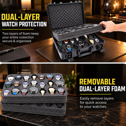 42-Slot Watch Travel Case – Impact-Resistant Shell, Foam Interior, Dual Display Trays for Watches 24mm–56mm, Secure Latches, Carry Handle