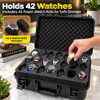 42-Slot Watch Travel Case – Impact-Resistant Shell, Foam Interior, Dual Display Trays for Watches 24mm–56mm, Secure Latches, Carry Handle