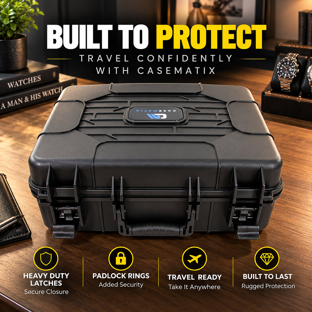 42-Slot Watch Travel Case – Impact-Resistant Shell, Foam Interior, Dual Display Trays for Watches 24mm–56mm, Secure Latches, Carry Handle