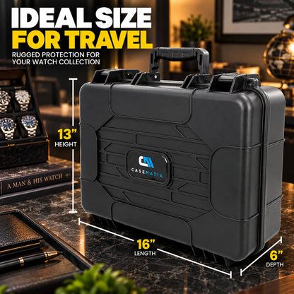 42-Slot Watch Travel Case – Impact-Resistant Shell, Foam Interior, Dual Display Trays for Watches 24mm–56mm, Secure Latches, Carry Handle