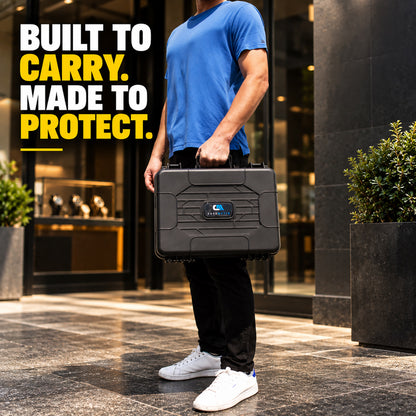 42-Slot Watch Travel Case – Impact-Resistant Shell, Foam Interior, Dual Display Trays for Watches 24mm–56mm, Secure Latches, Carry Handle