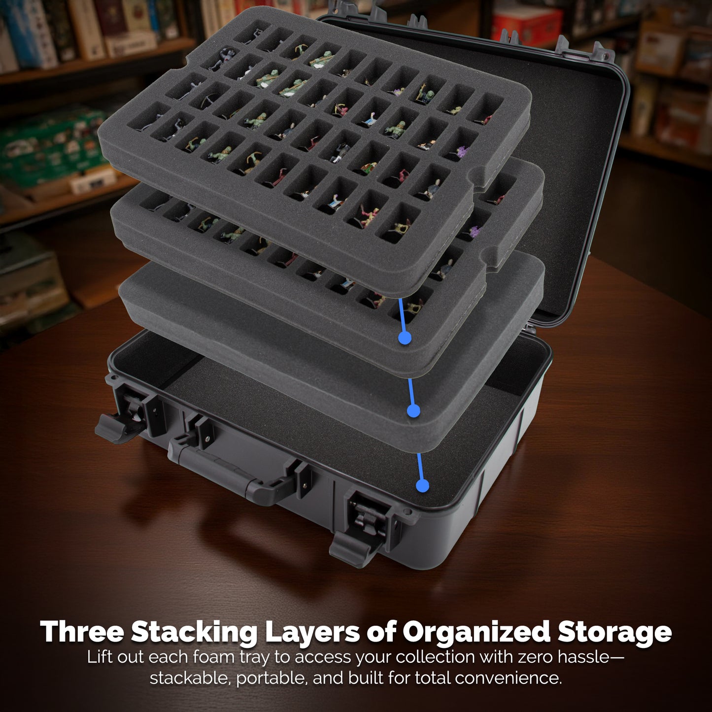 Hard Shell Miniature Case with 80 slots and customizable foam for large minis. Fits Warhammer 40K, DnD, RPG figures and more.